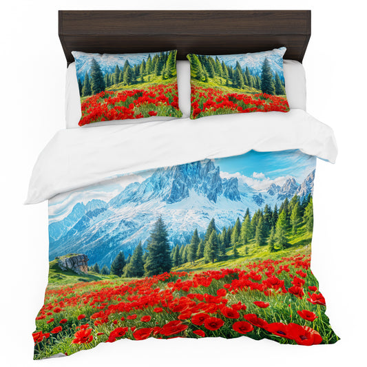 Snowy Mountains Poppies Duvet Cover Set