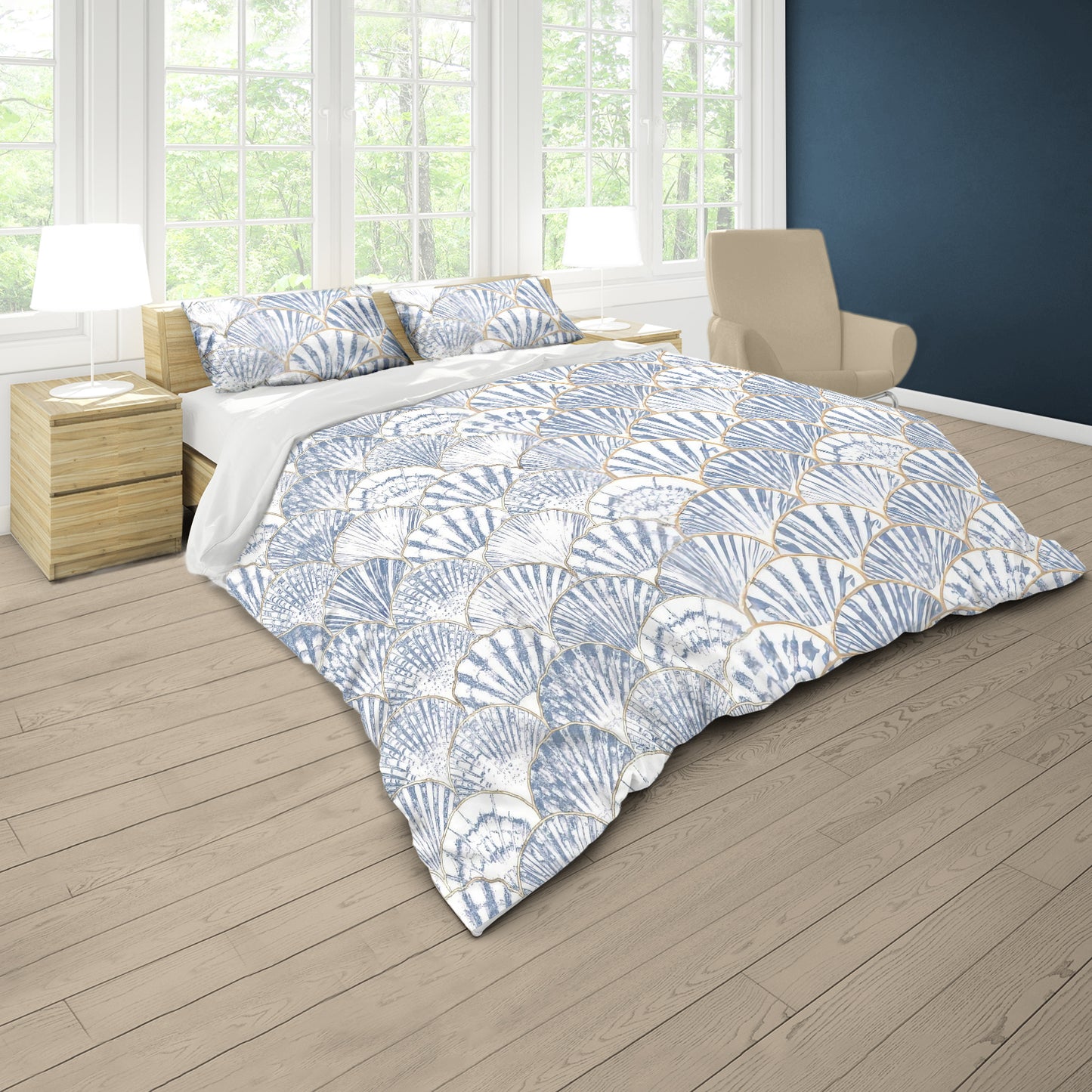 Soft Blue Fan Pattern Duvet Cover Set