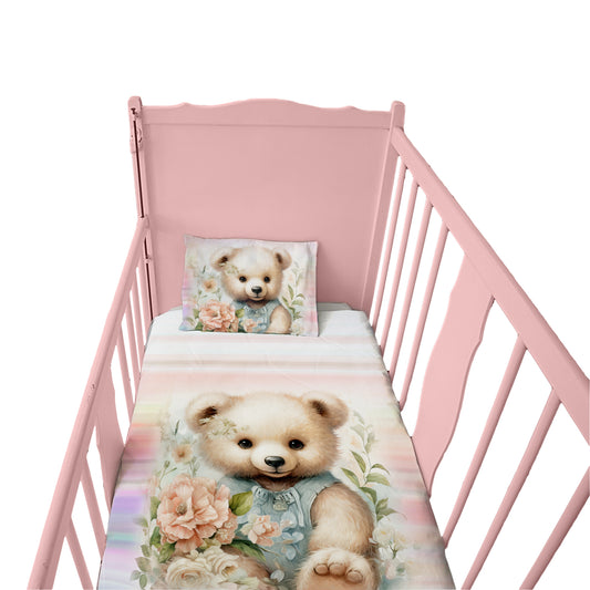 Soft Floral Teddy Hues Cot Set