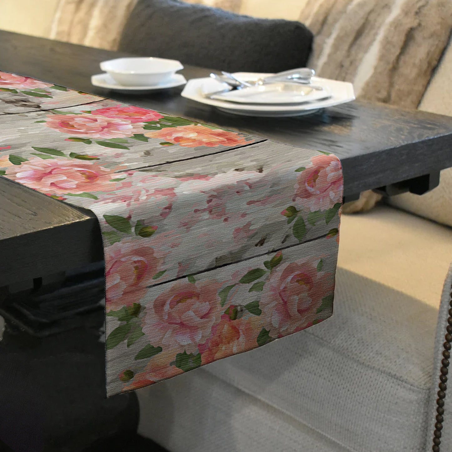 Soft Pink and Peach Flowers on Grey Table Runner By Mark van Vuuren
