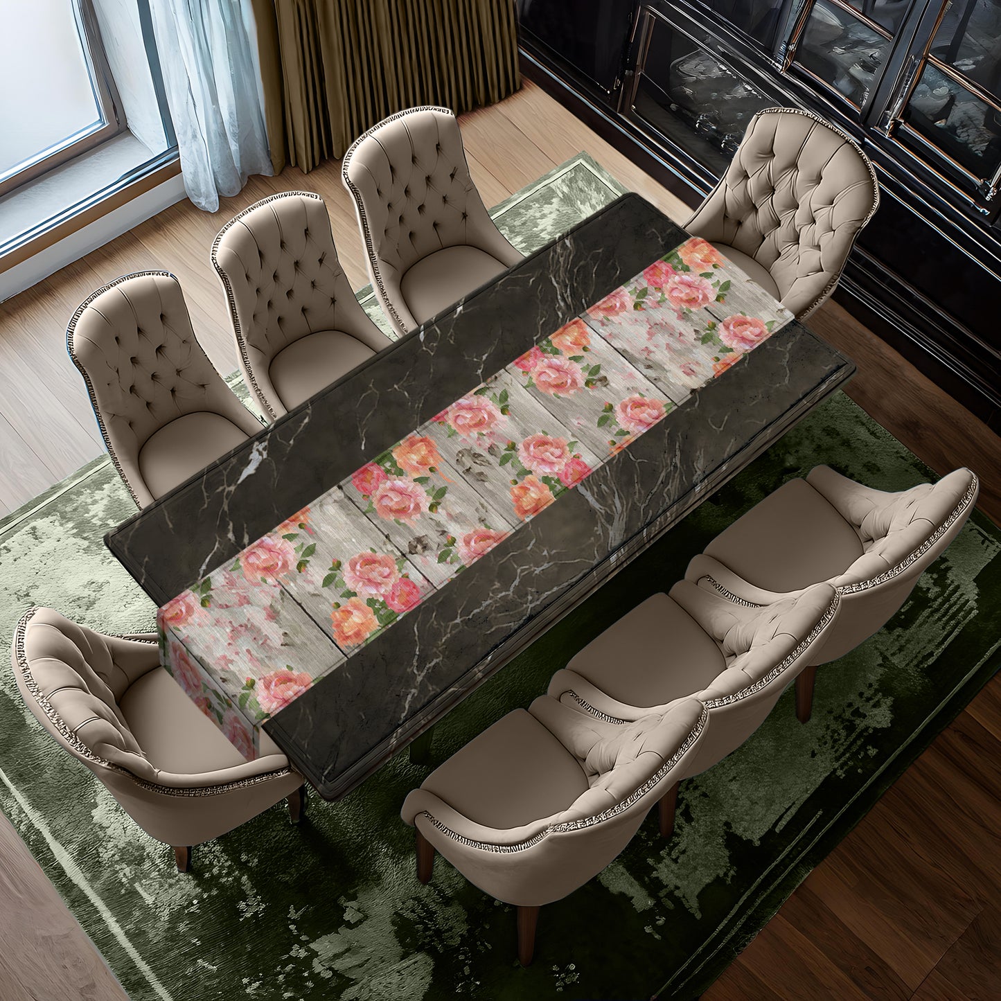 Soft Pink and Peach Flowers on Grey Table Runner By Mark van Vuuren