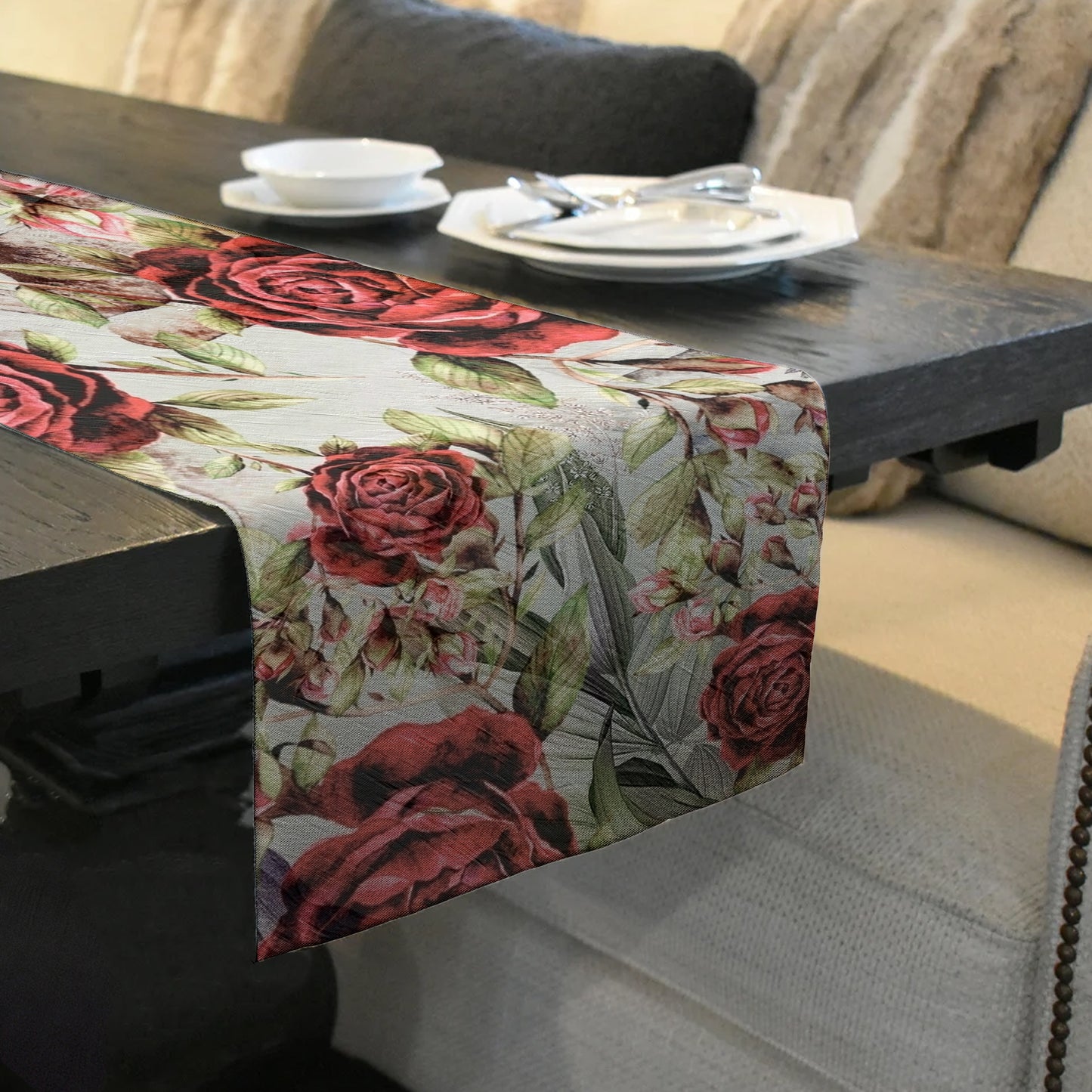 Soft Red Roses on White Table Runner By Mark van Vuuren