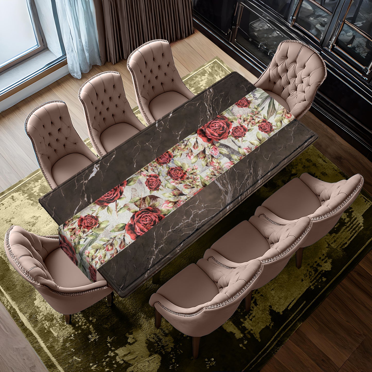 Soft Red Roses on White Table Runner By Mark van Vuuren