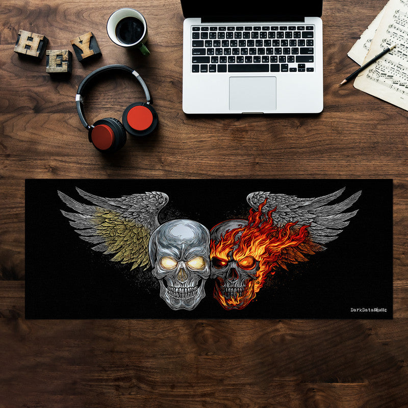 Split Skull Silver Flames Large Desk Pad by Wikus Schalkwyk