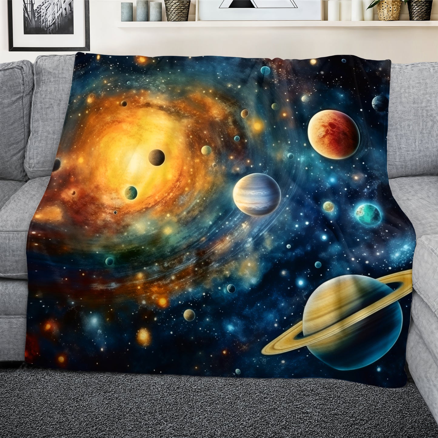 Starry Sky Around the Sun Light Weight Fleece Blanket
