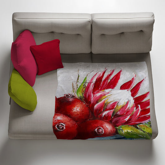 Protea and Pomegranate Light Weight Fleece Blanket by Stella Bruwer