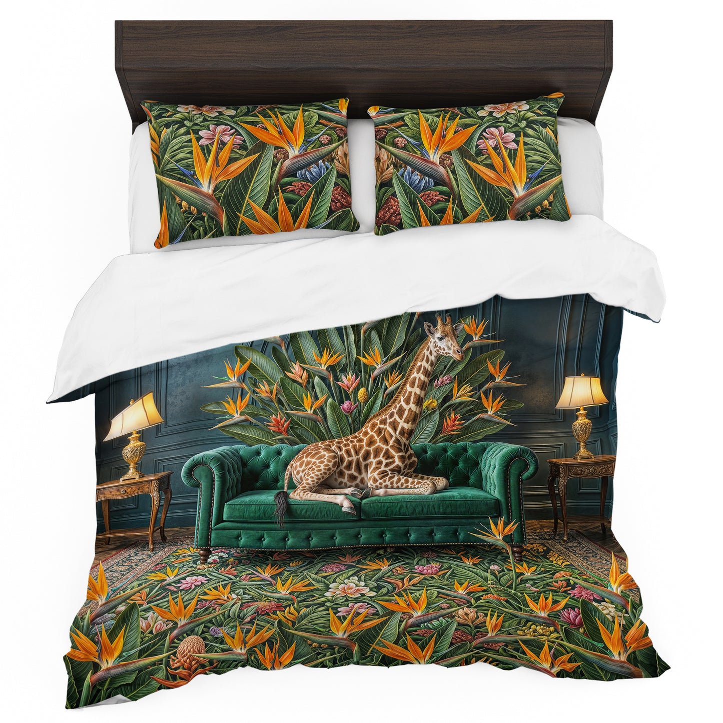 Strelitzia Giraffe on Green Sofa Duvet Cover Set