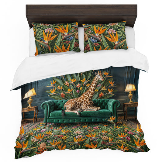 Strelitzia Giraffe on Green Sofa Duvet Cover Set