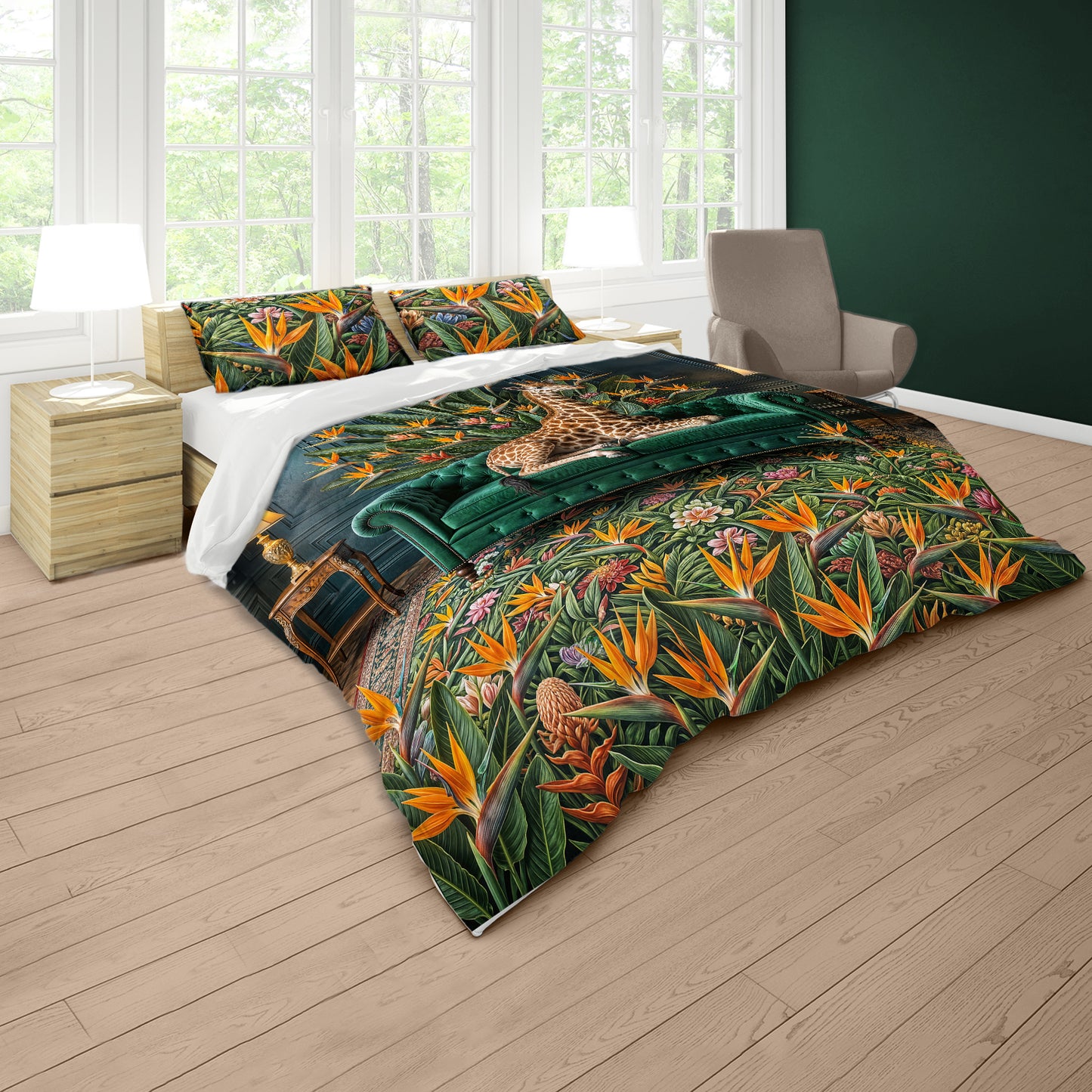 Strelitzia Giraffe on Green Sofa Duvet Cover Set