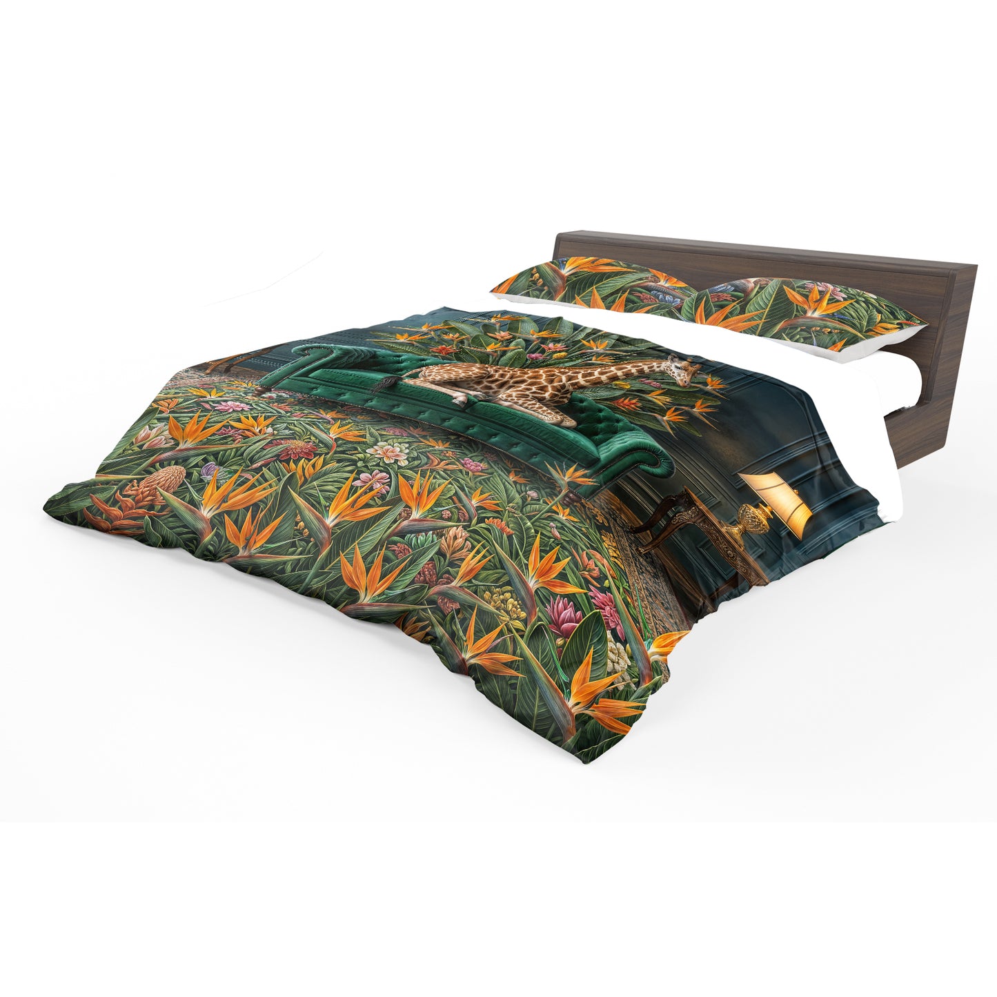 Strelitzia Giraffe on Green Sofa Duvet Cover Set