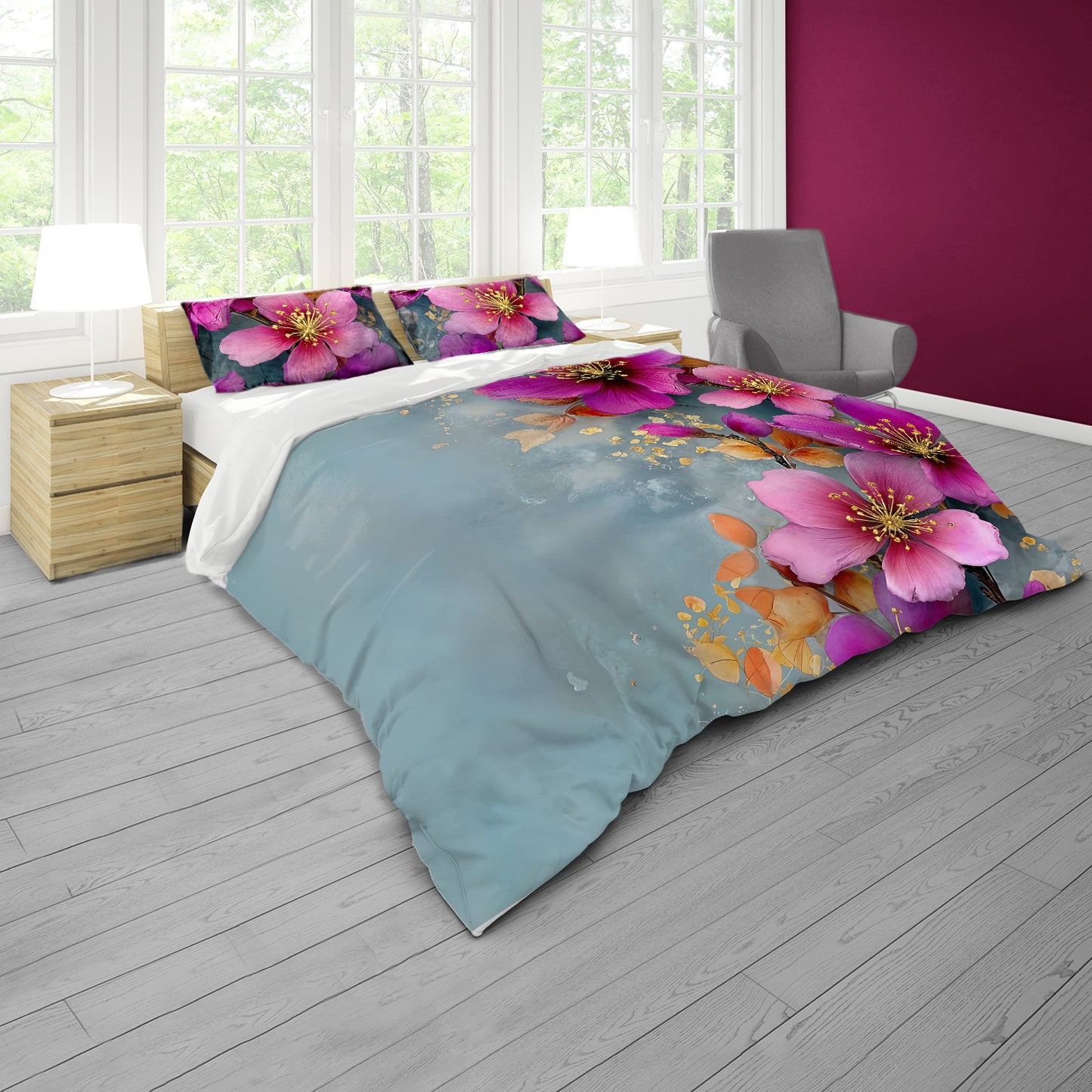 String of Pink Flowers Duvet Cover Set
