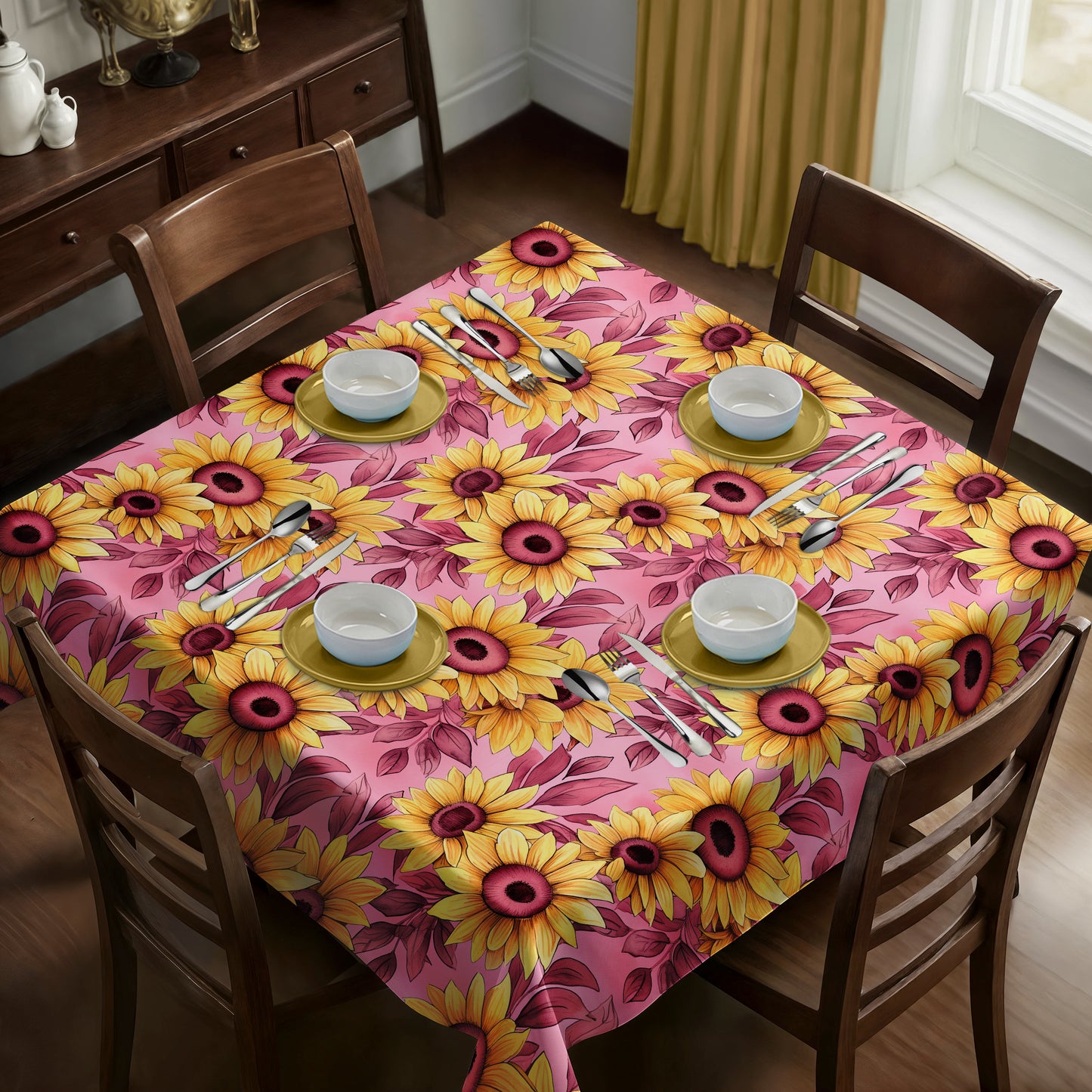 Sunflowers on Burgendy Square Tablecloth