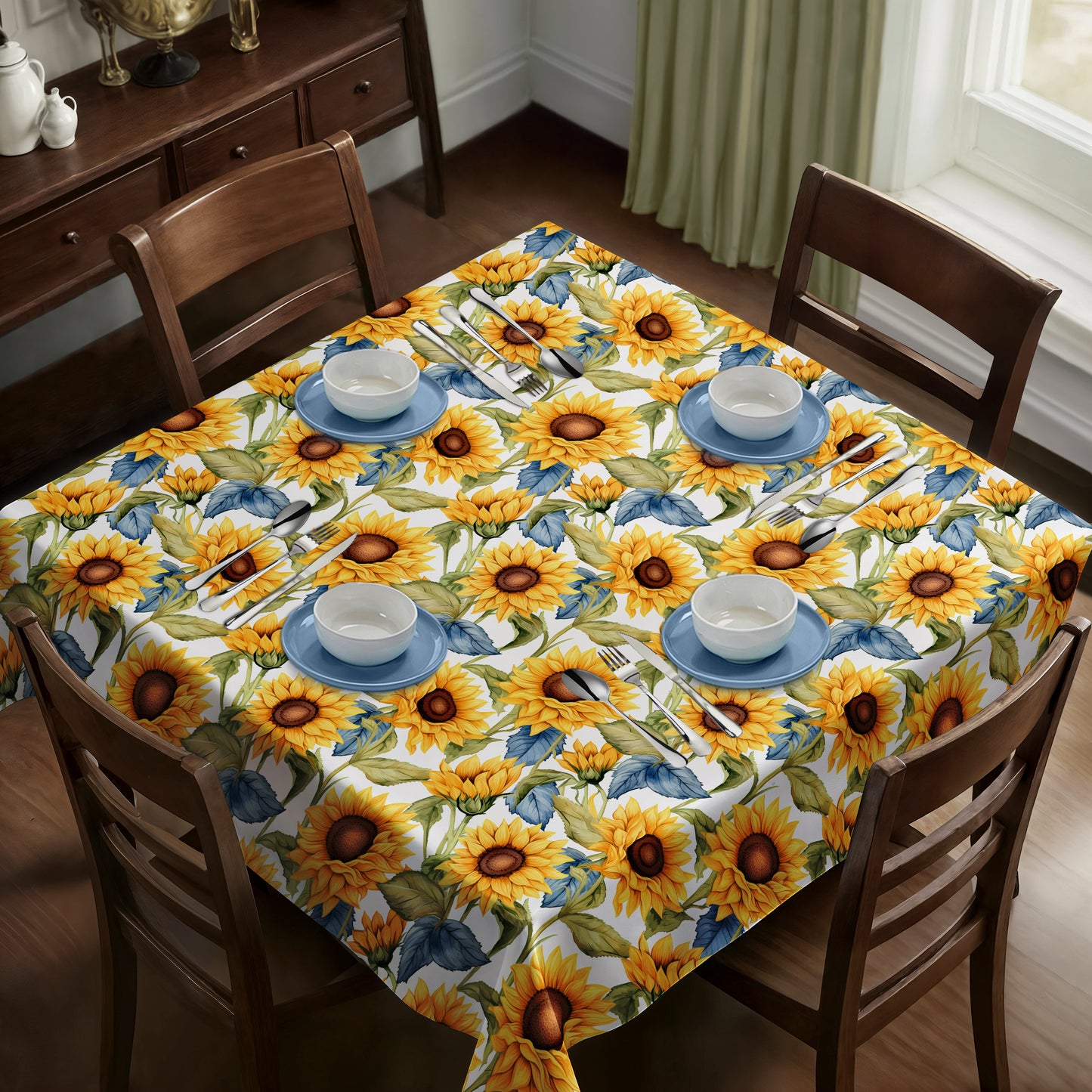 Sunflowers on White Square Tablecloth