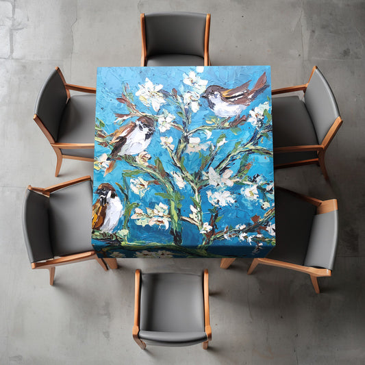 Swallows in White Blossom Tree Square Tablecloth By Juanette Menderoi