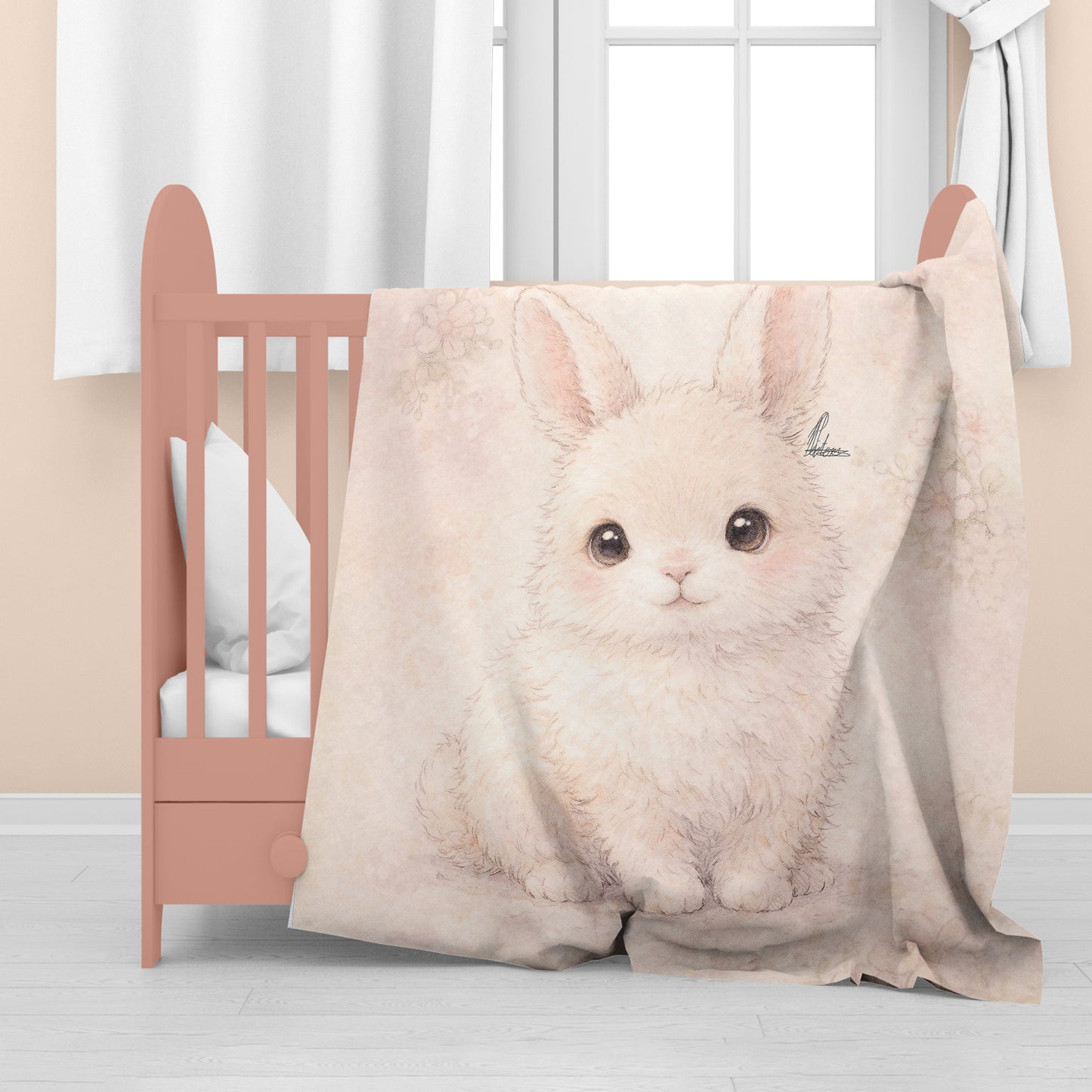 Sweet White Bunny Sitting Watercolor Baby Fleece Blanket by Nathan Pieterse