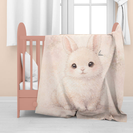 Sweet White Bunny Sitting Watercolor Baby Fleece Blanket by Nathan Pieterse