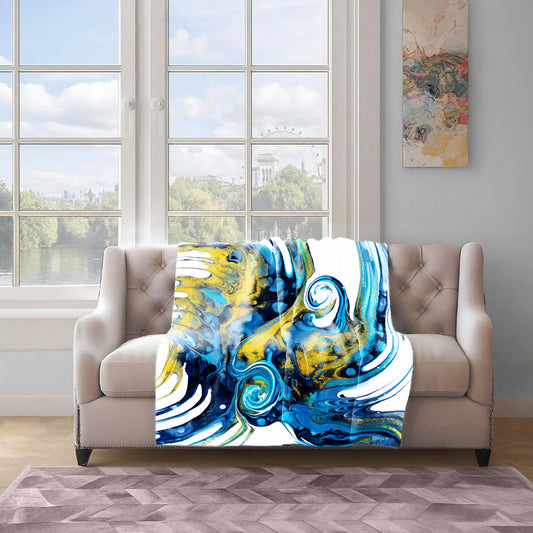 Swirls Gold & Abstract Blue Light Weight Fleece Blanket By Cherylin Louw