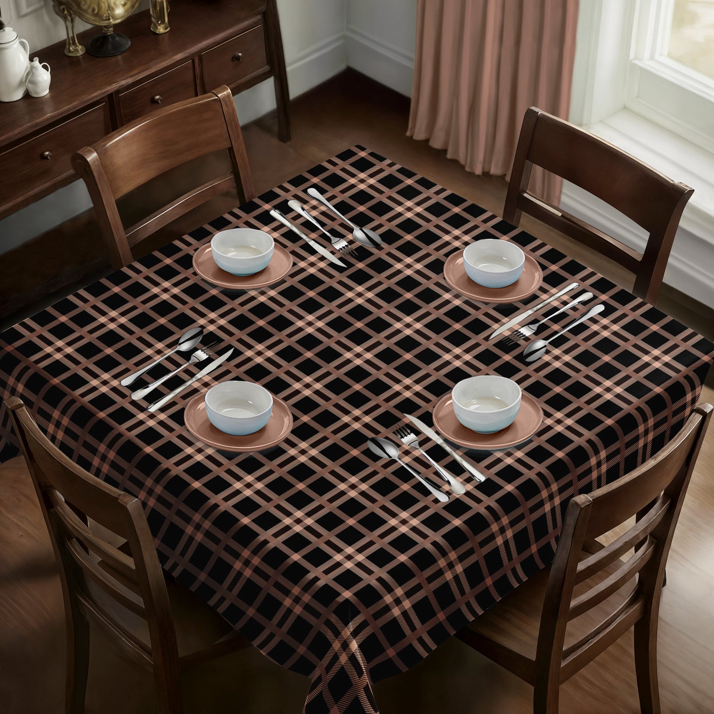 Tartan Black And Brown Pattern Square Tablecloth