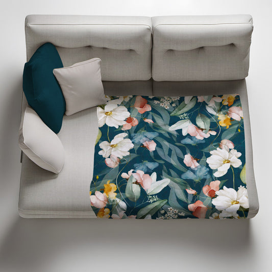 Teal Flower Vines Light Weight Fleece Blanket by Mark van Vuuren