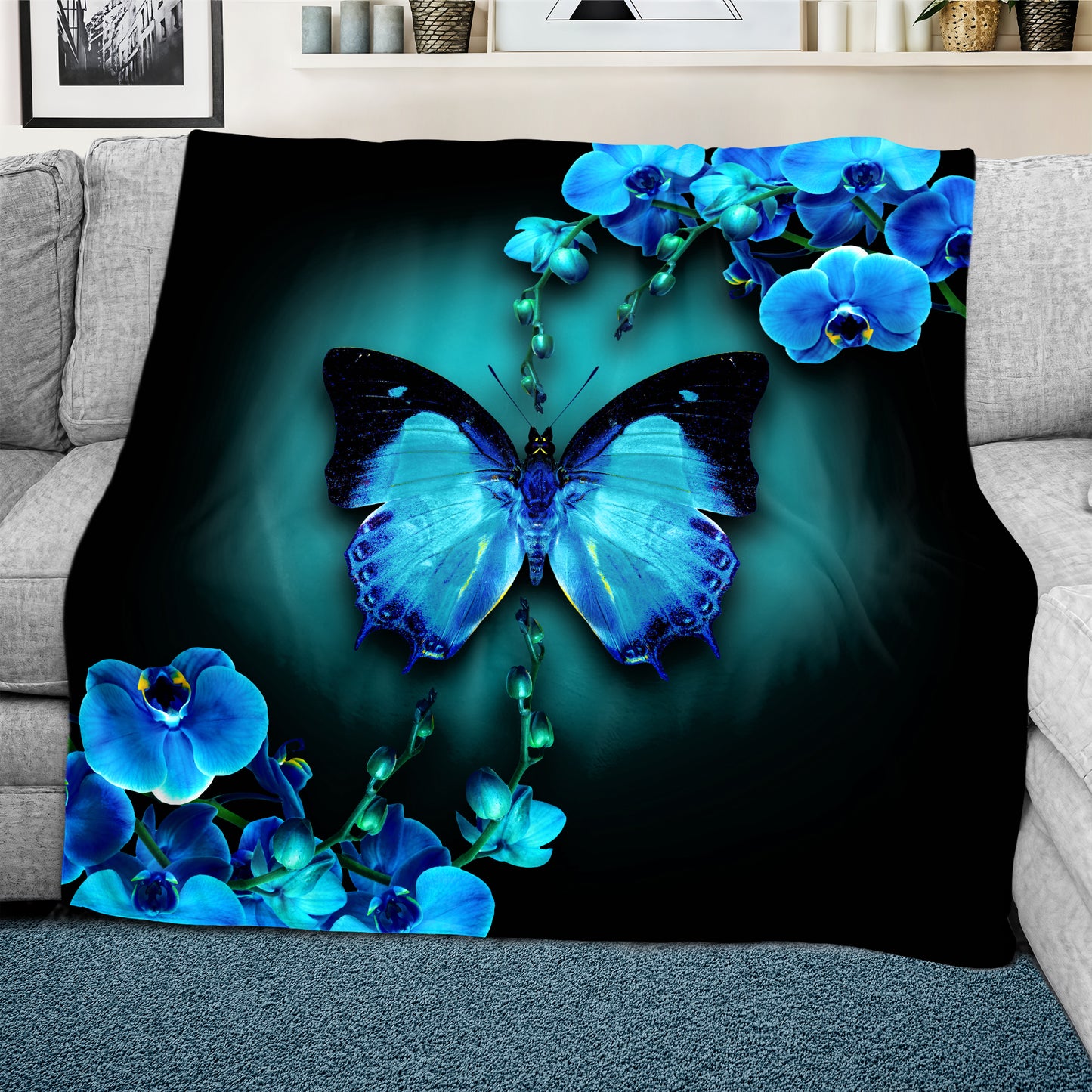Teal Forest Butterfly Light Weight Fleece Blanket