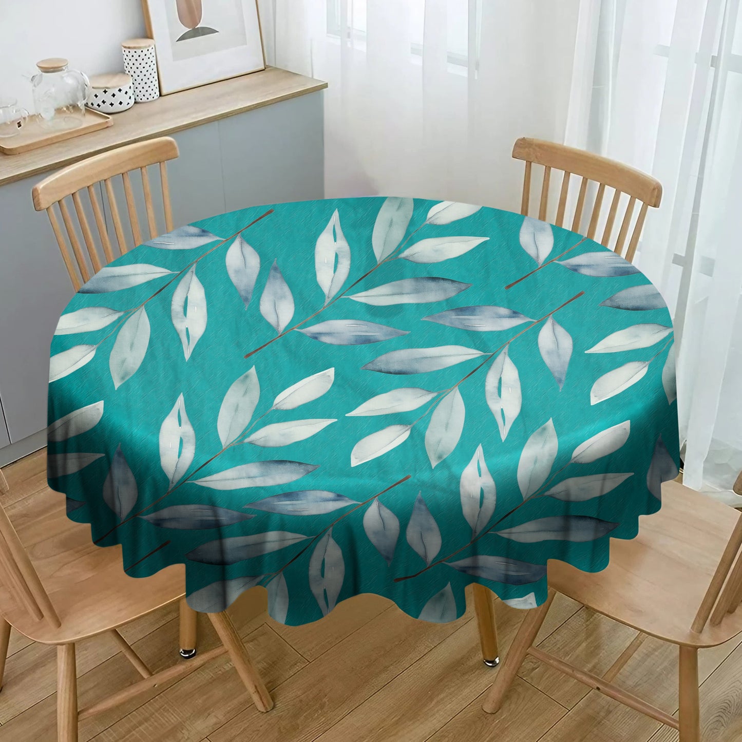 Teal Water Painted Dried Leaves By Mark Van Vuuren Round Tablecloth