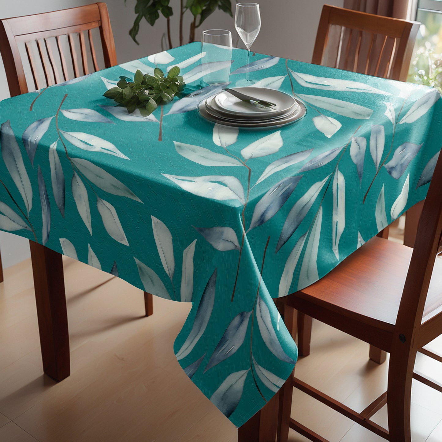 Teal Waterpainted Dryed Leaves By Mark Van Vuuren Square Tablecloth