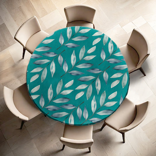 Teal Water Painted Dried Leaves By Mark Van Vuuren Round Tablecloth