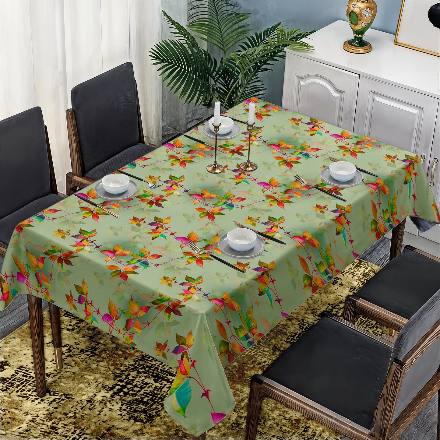 Tiny Leaves on Green Rectangle Tablecloth
