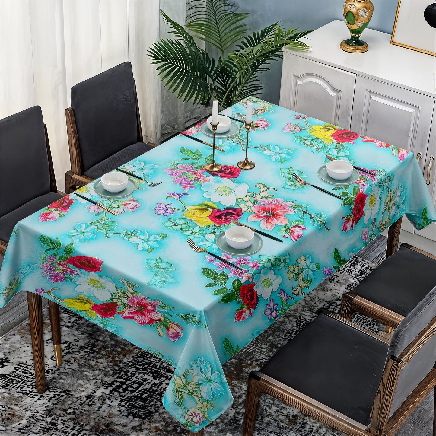 Turqoise Floral Essence Rectangle Tablecloth