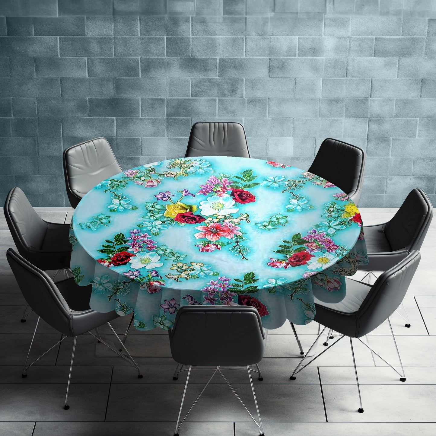 Turqoise Floral Essence Round Tablecloth