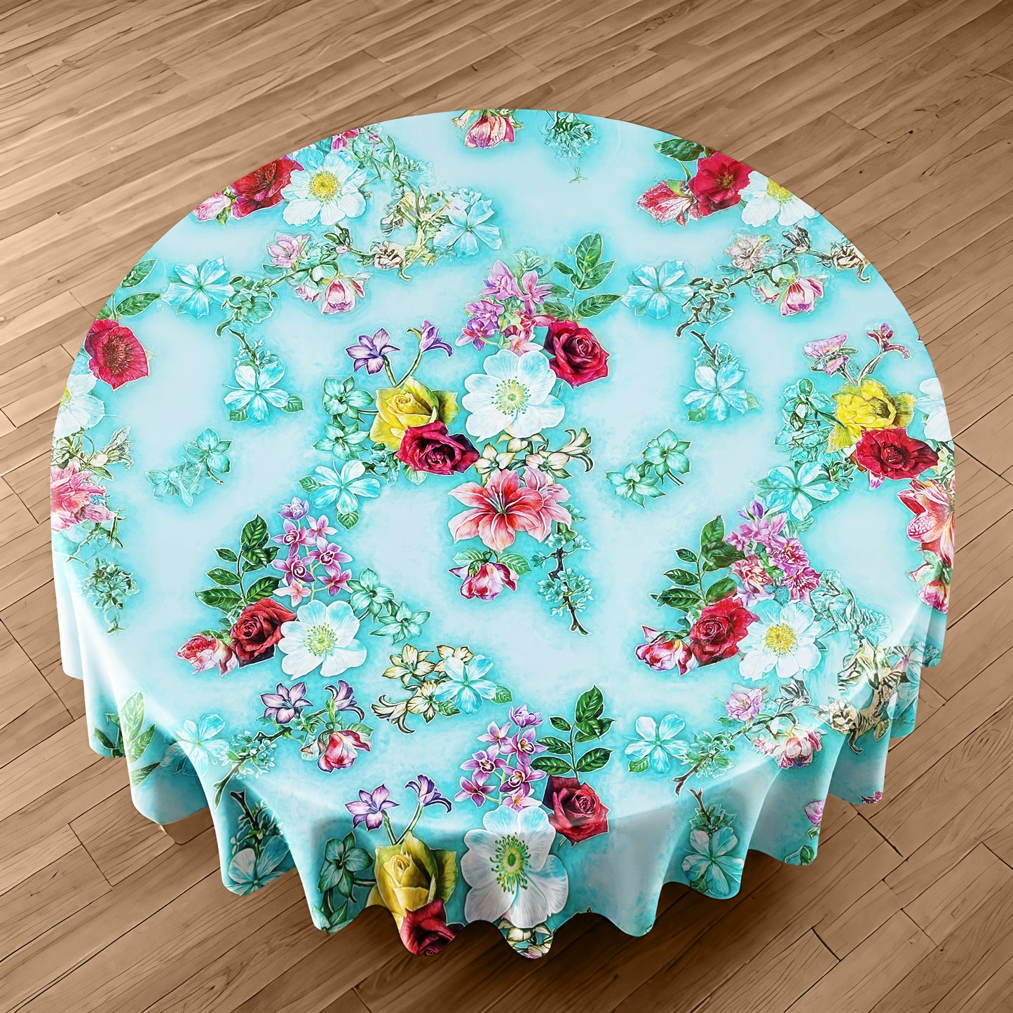 Turqoise Floral Essence Round Tablecloth
