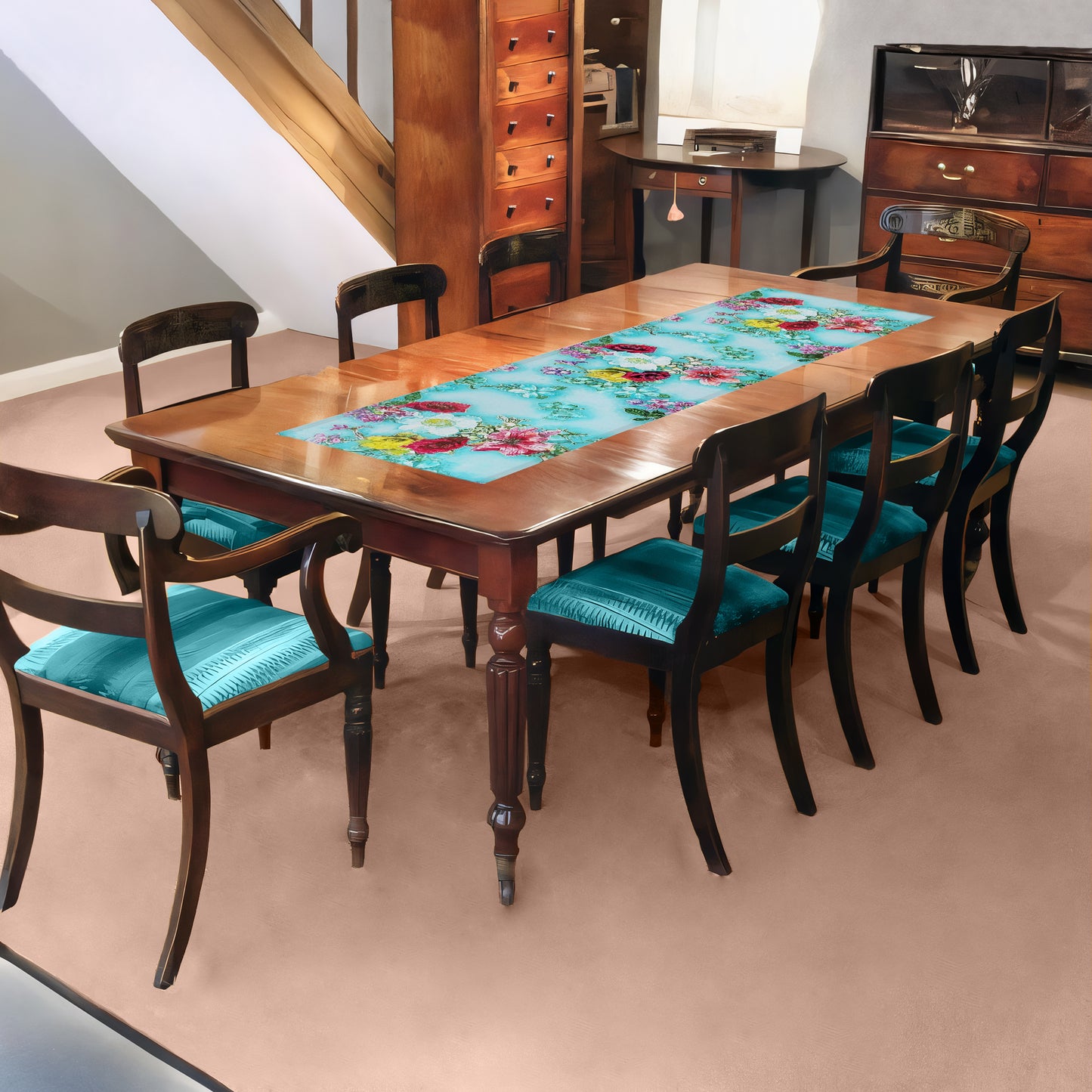 Turquoise Floral Essence 160cm Table Runner