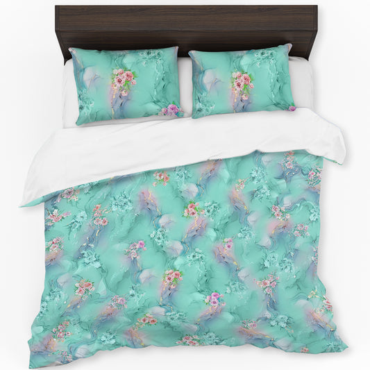 Turquoise Rose Bouquets Duvet Cover Set