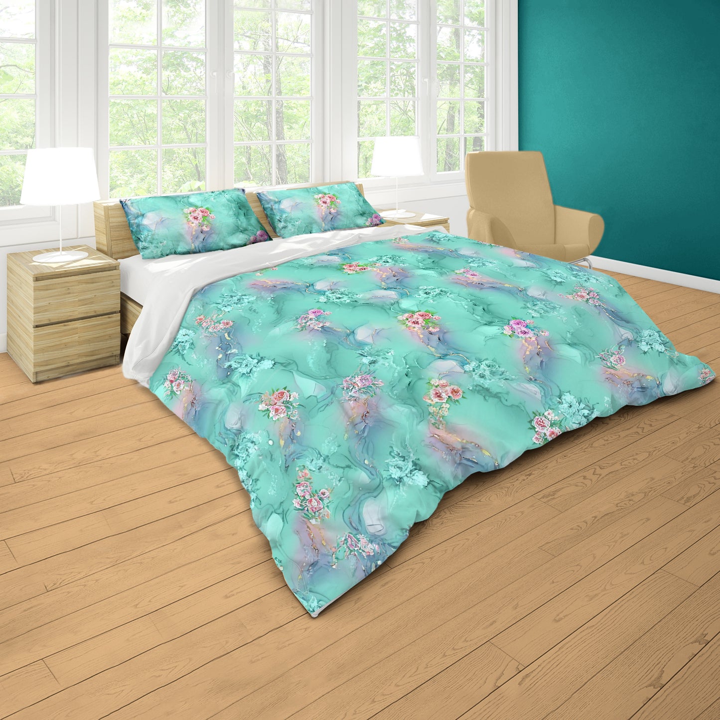 Turquoise Rose Bouquets Duvet Cover Set