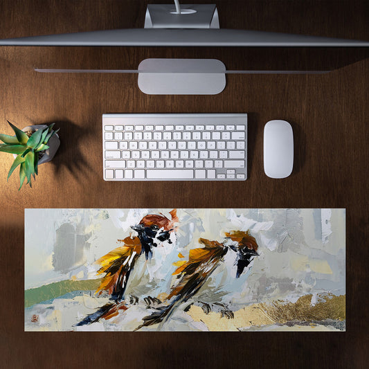 Two Sparrows on Branch Large Desk Pad By Juanette Menderoi
