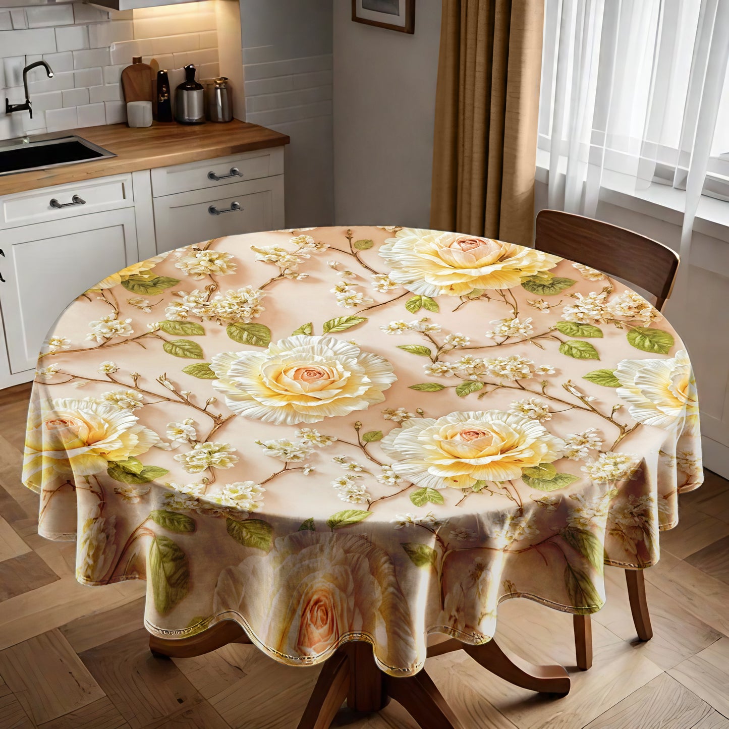 Veil of White Rose Round Tablecloth