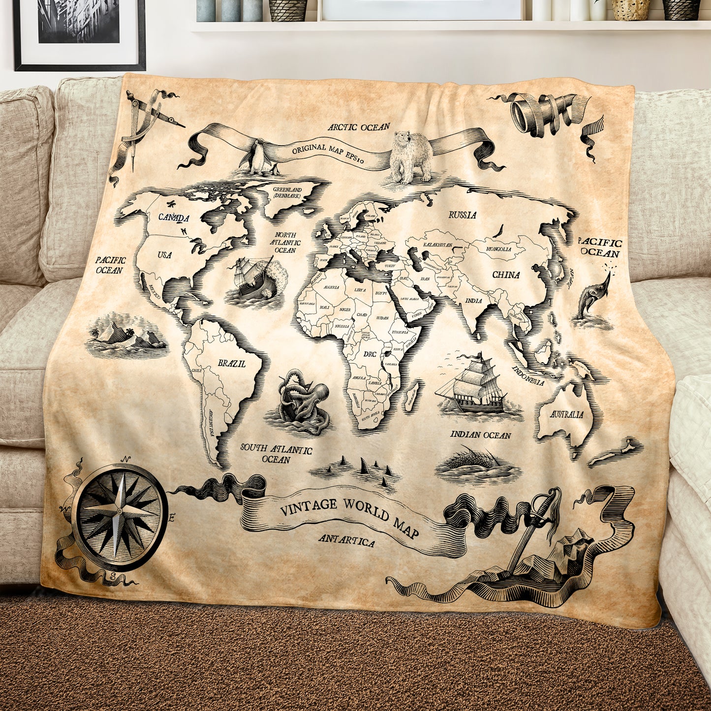 Vintage World Map Light Weight Fleece Blanket
