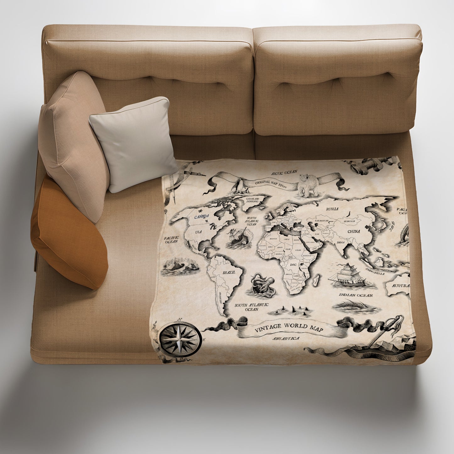 Vintage World Map Light Weight Fleece Blanket
