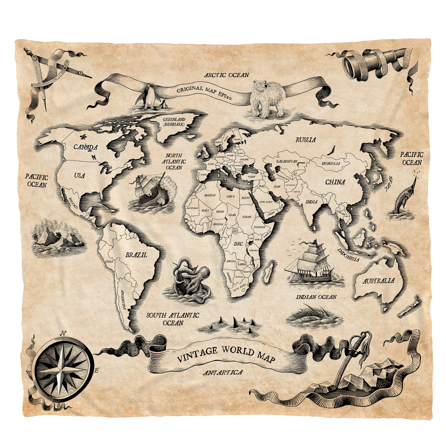 Vintage World Map Light Weight Fleece Blanket