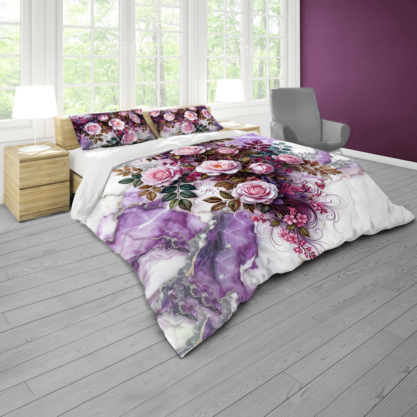 Violet Marble & Rose Duvet Cover Set