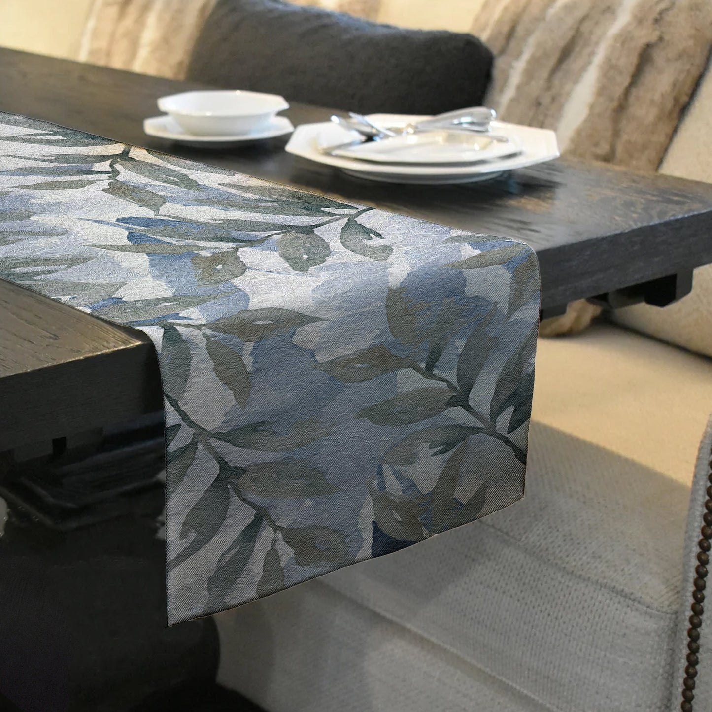 Water Painted Blue and Grey Leaves Table Runner By Mark van Vuuren