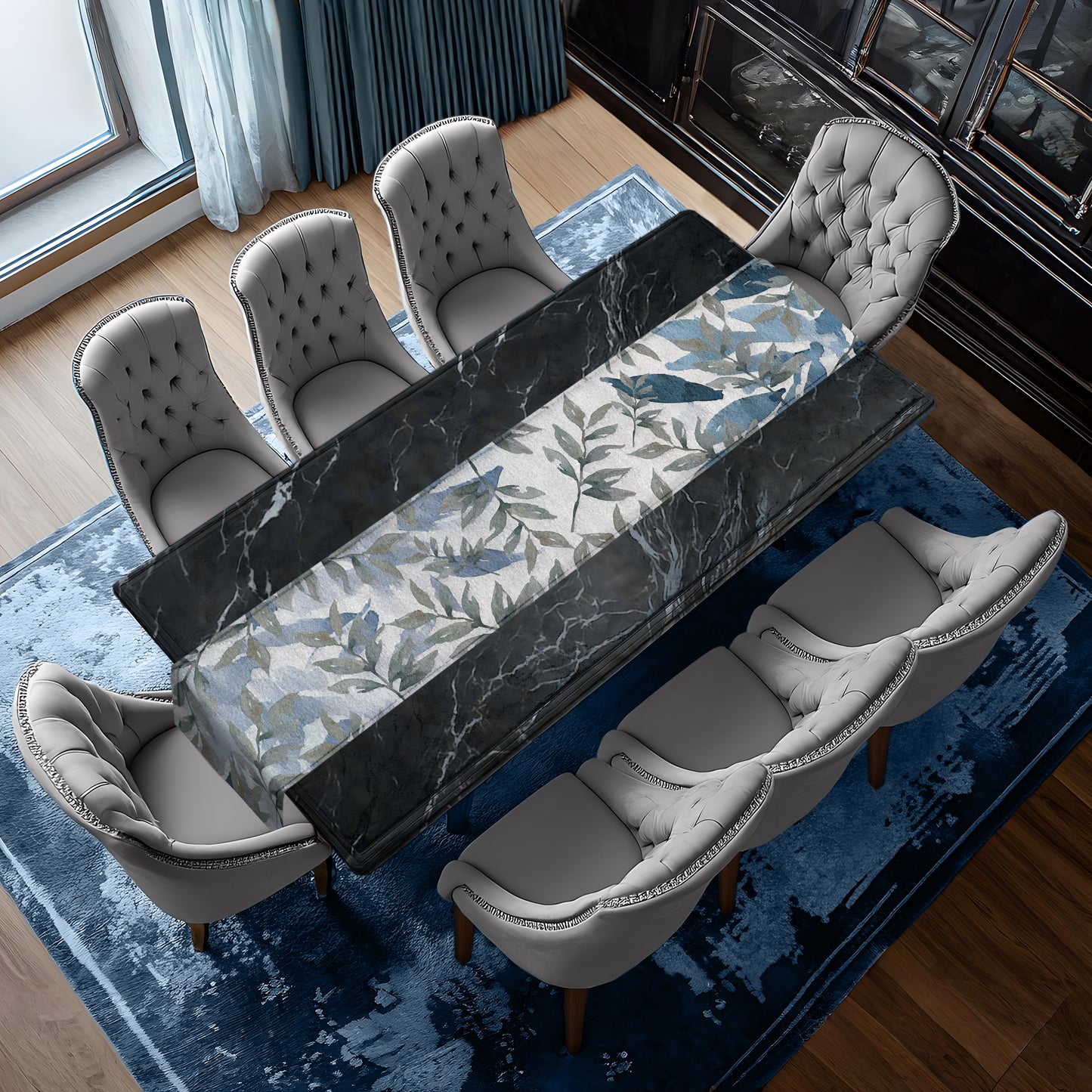 Water Painted Blue and Grey Leaves Table Runner By Mark van Vuuren