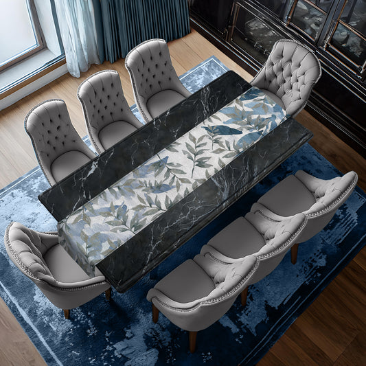 Water Painted Blue and Grey Leaves Table Runner By Mark van Vuuren