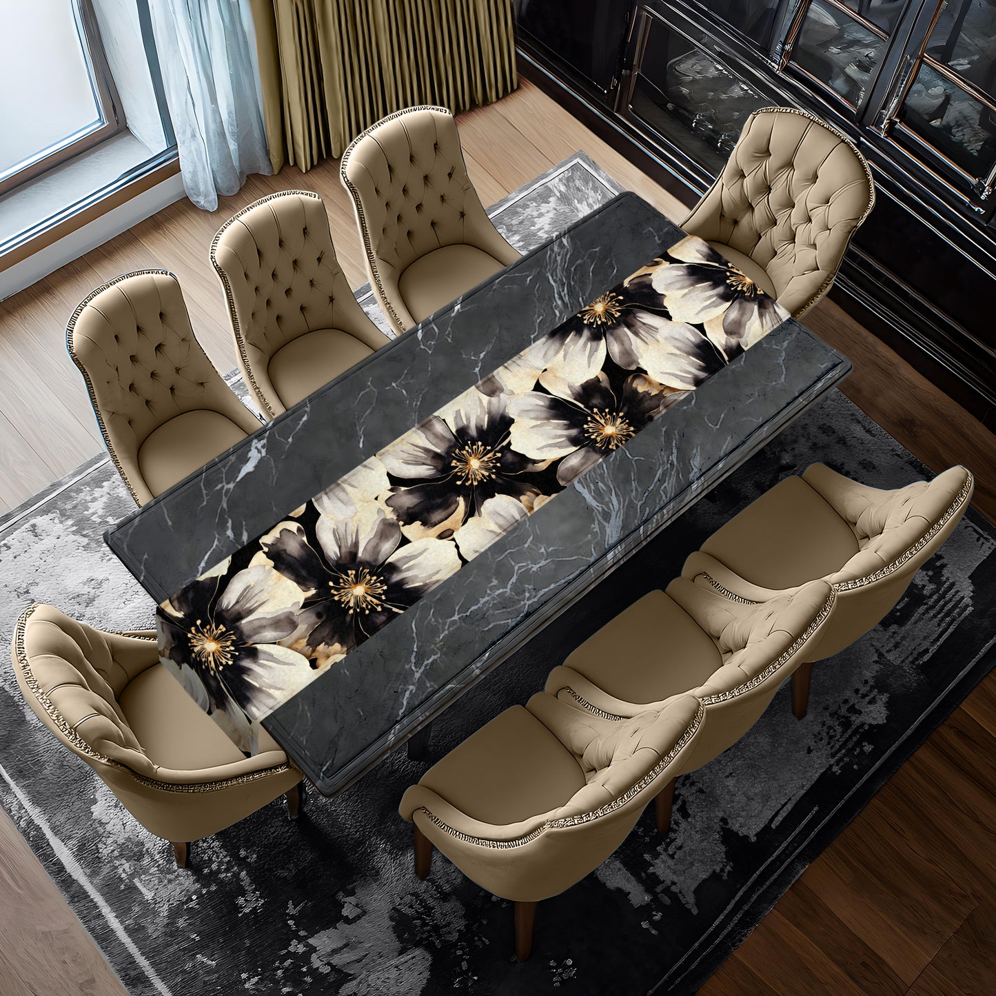 Water Painted Gold Trimmed Flower Table Runner  By Mark Van Vuuren