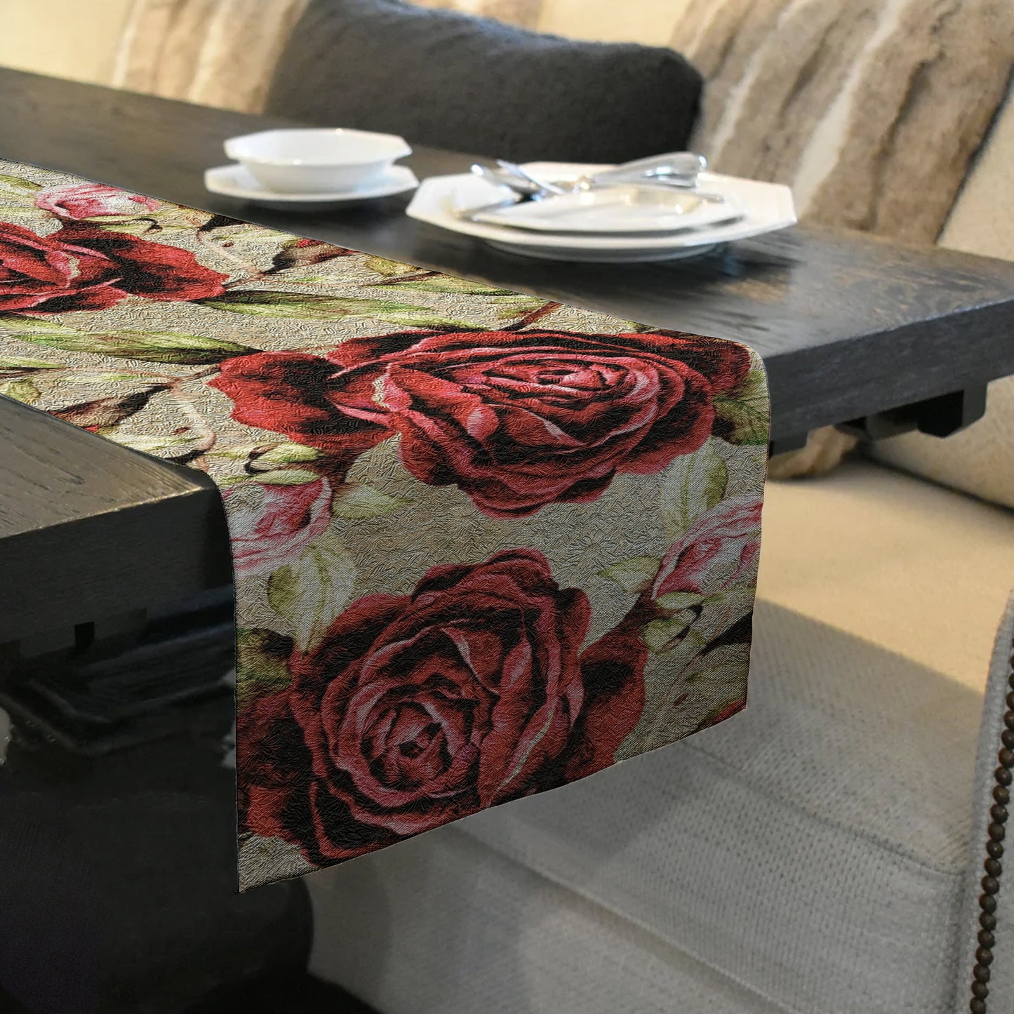 Water Painted Red Rose on Beige Table Runner By Mark van Vuuren