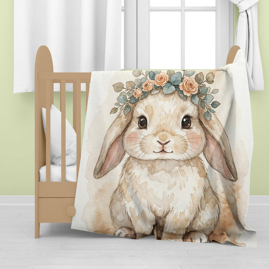 Watercolor Floral Bunny Baby Fleece Blanket