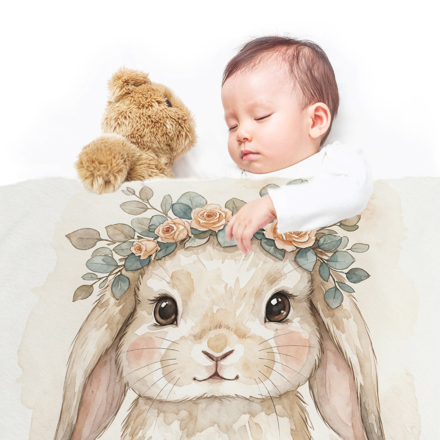 Watercolor Floral Bunny Baby Fleece Blanket