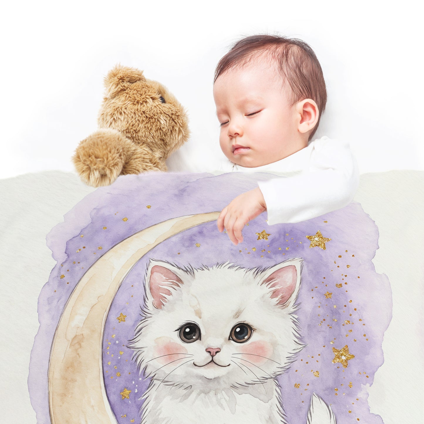Watercolor White Kitten Baby Fleece Blanket