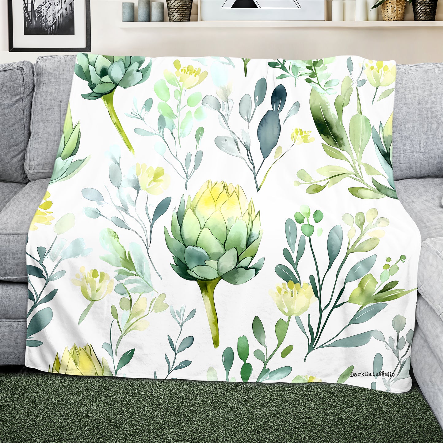 Watercolour Floral Artichokes Light Weight Fleece Blanket by Wikus Schalkwyk