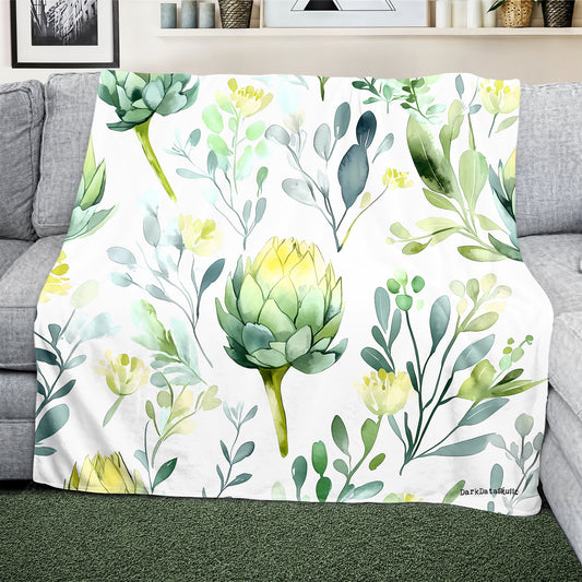 Watercolour Floral Artichokes Light Weight Fleece Blanket by Wikus Schalkwyk